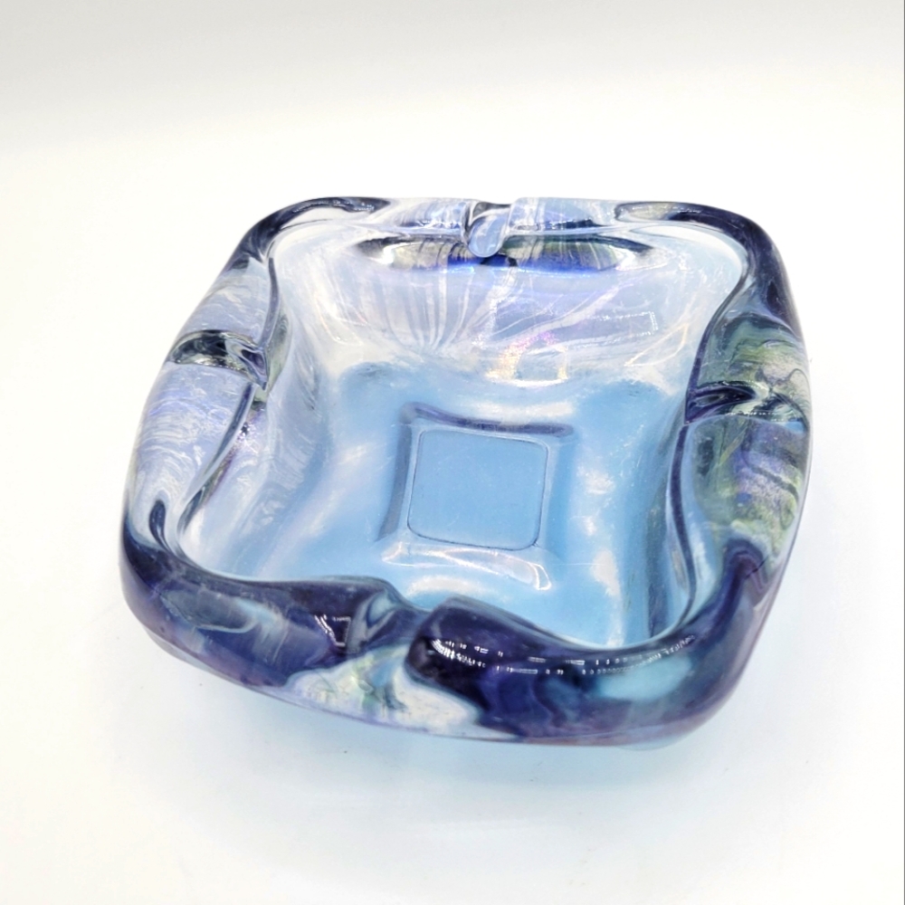 Vintage Anchor Hocking Blue Amoeba Freeform Ashtray glass Trinket Dish‎ Soap Mcm